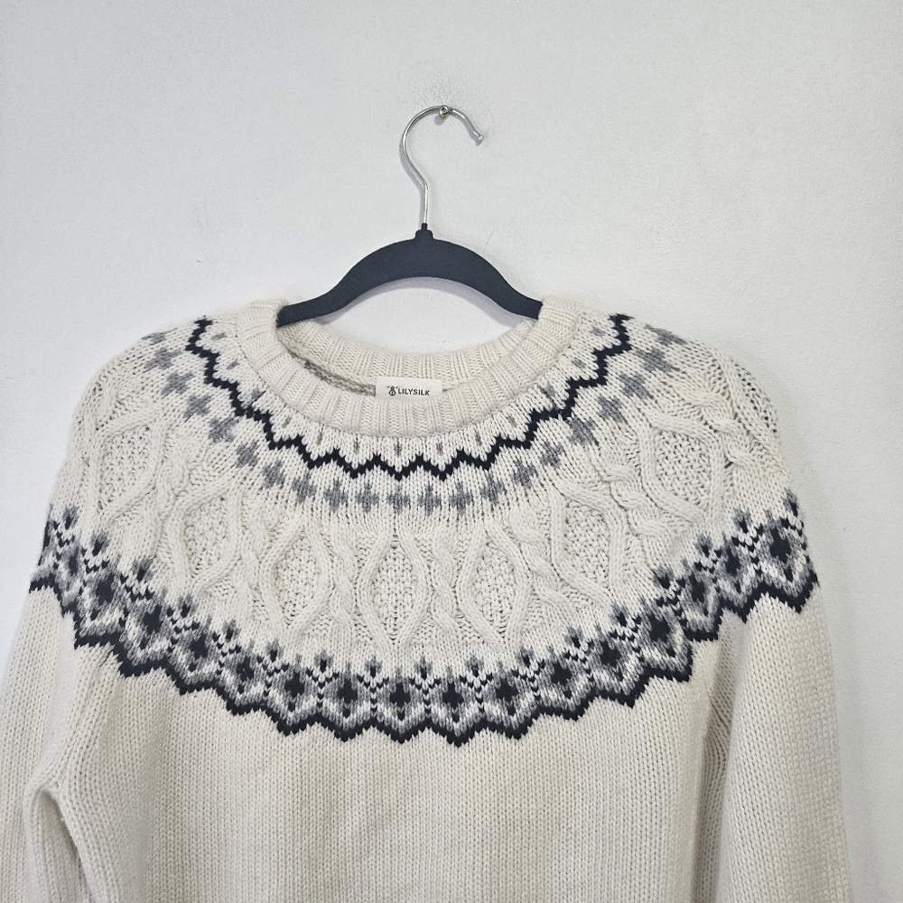 Lilysilk Fair Isle Crewneck Sweater XS  Wool Cashmere Off White Cable - Picture 4 of 12